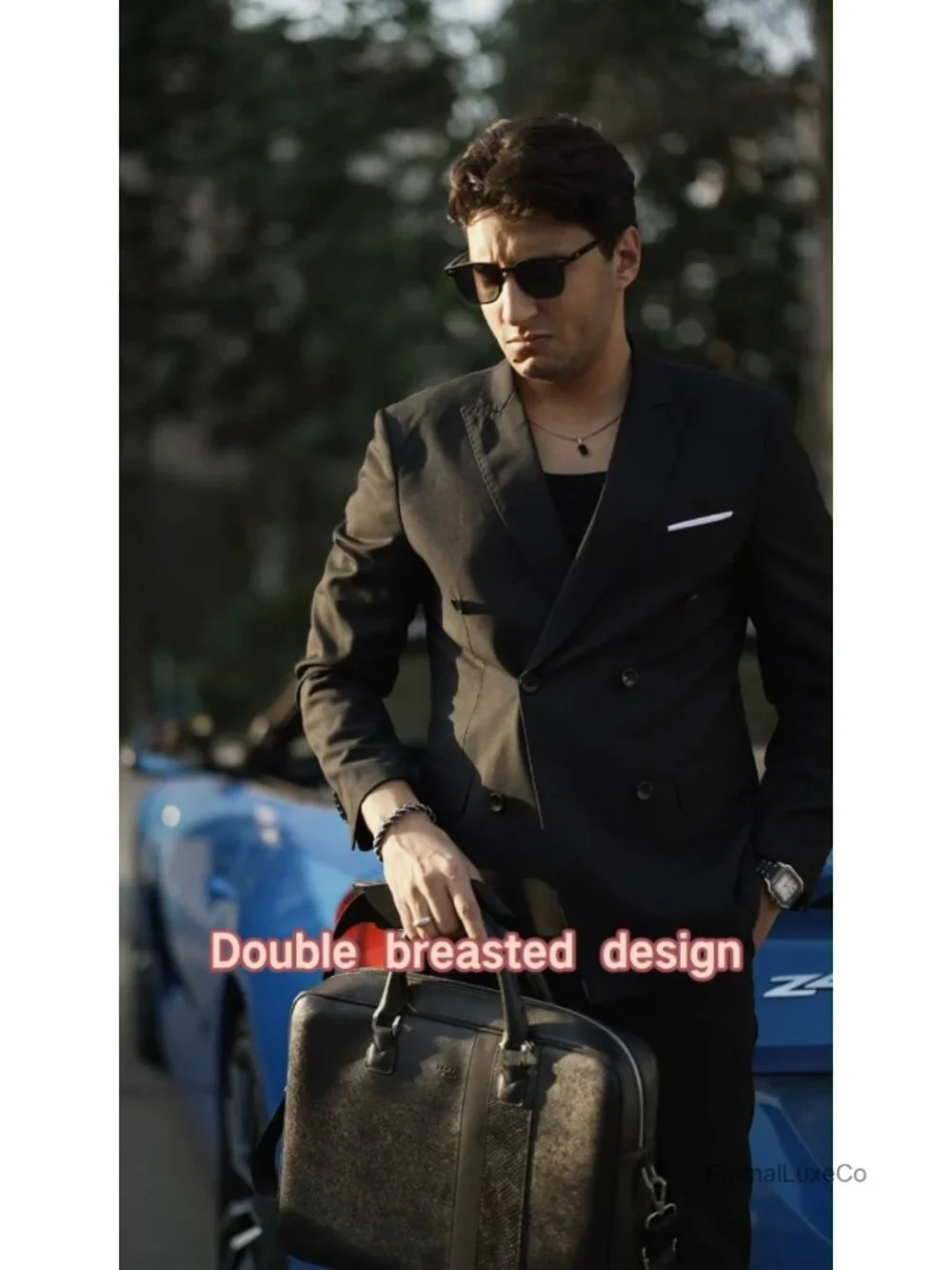 Men's Slim Fit 2-Piece Double Breasted Suit Set, 80% Polyester 20% Viscose,